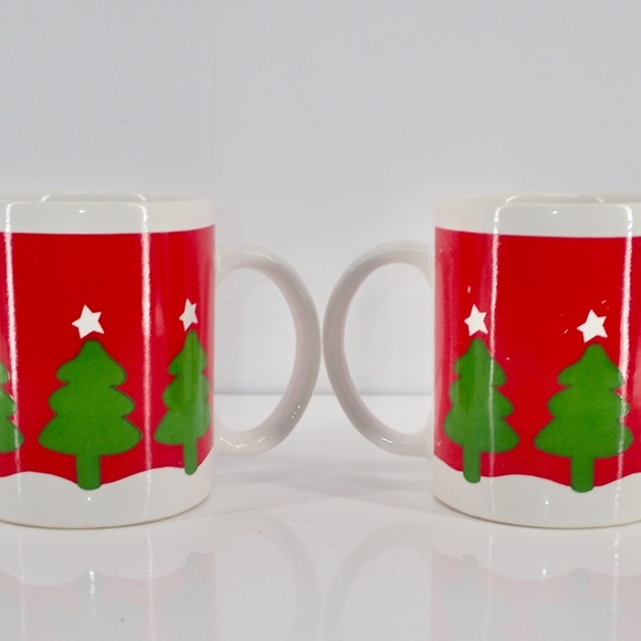 intage Christmas Coffee Mugs Collectibles Red Christmas with Green Trees Sanyei - Picture 3 of 7